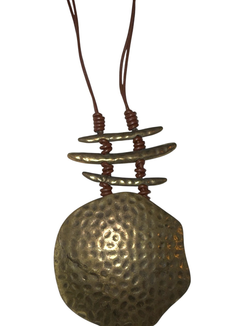 Hammered Bronze Disc Pendant Necklace with Brown Cord